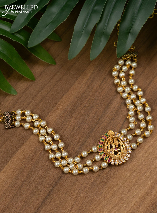 Pearl choker radhakrishna pendant with kemp and cz stones without earring