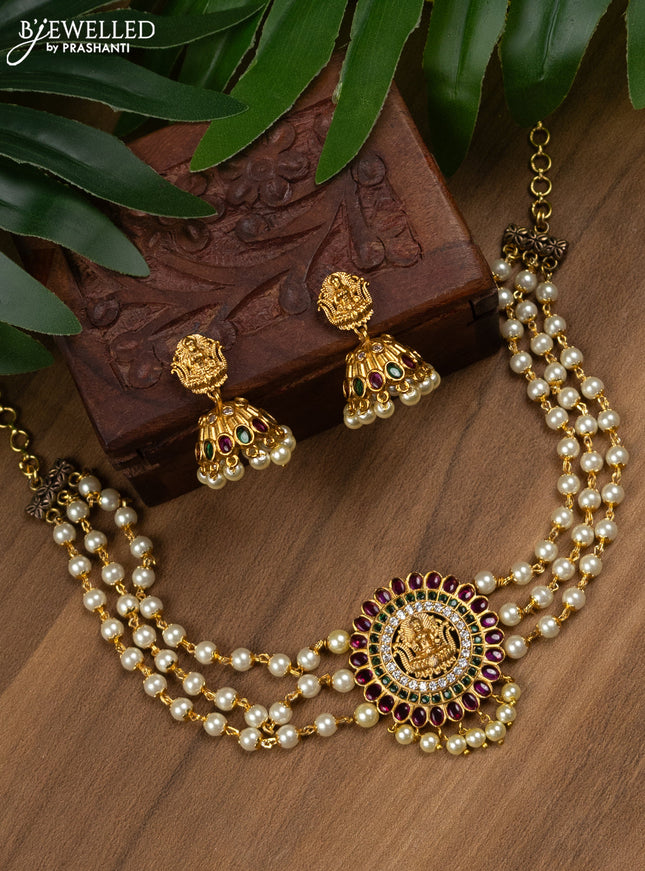 Pearl choker lakshmi design with kemp and cz stones