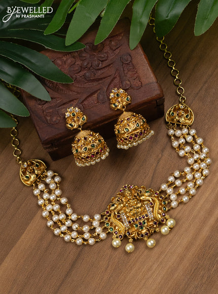 Pearl choker lakshmi design with kemp & cz stones and pearl hangings