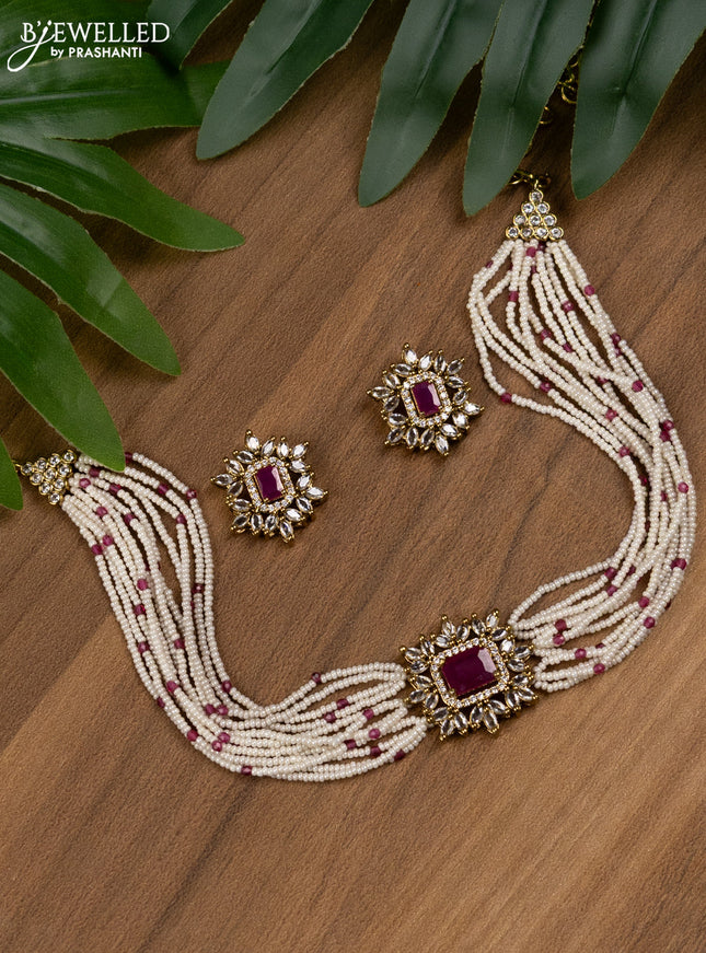 Pearl choker with ruby and cz stones