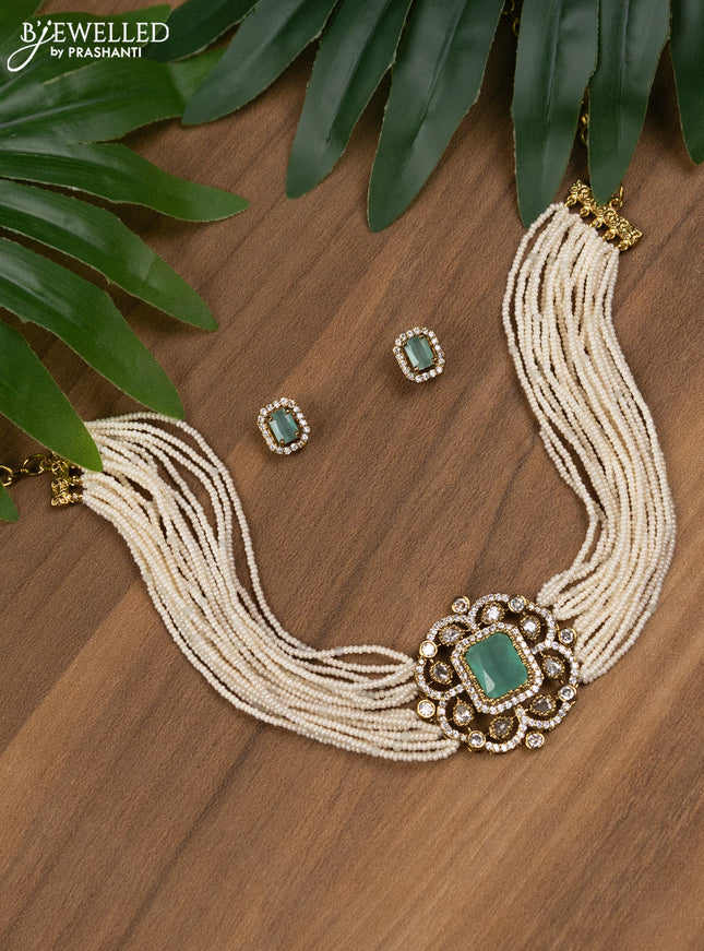 Pearl choker with mint green and cz stones