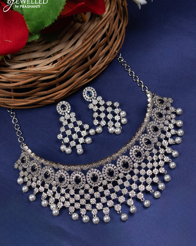 Zircon choker floral design with sapphire & cz stones and pearl hangings