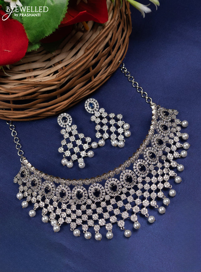 Zircon choker floral design with sapphire & cz stones and pearl hangings