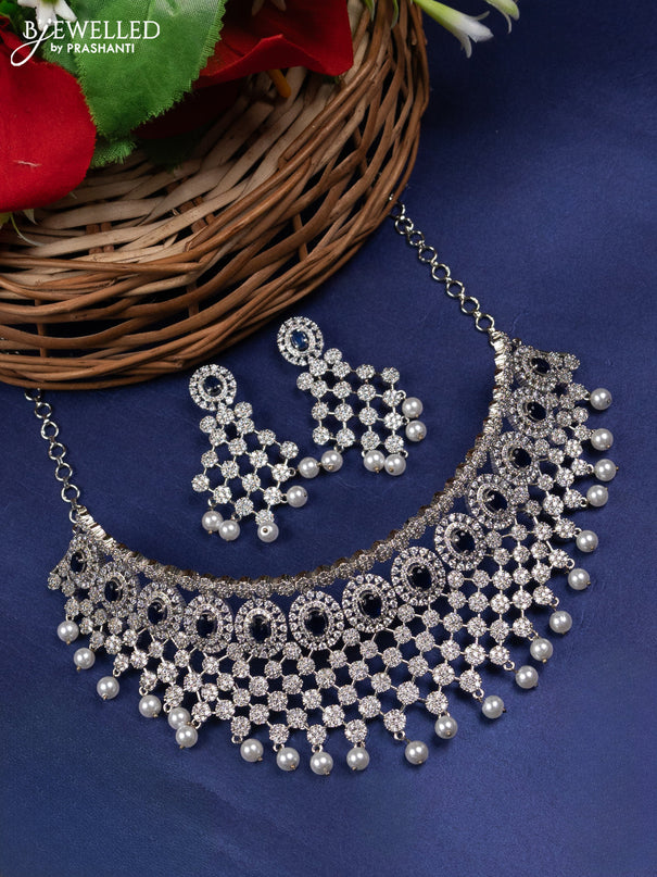 Zircon choker floral design with sapphire & cz stones and pearl hangings