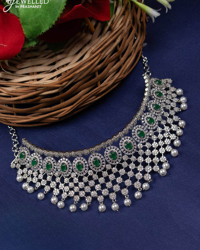 Zircon choker floral design with emerald & cz stones and pearl hangings without earrings