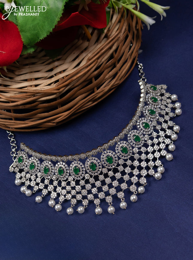 Zircon choker floral design with emerald & cz stones and pearl hangings without earrings