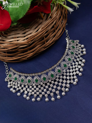 Zircon choker floral design with emerald & cz stones and pearl hangings without earrings