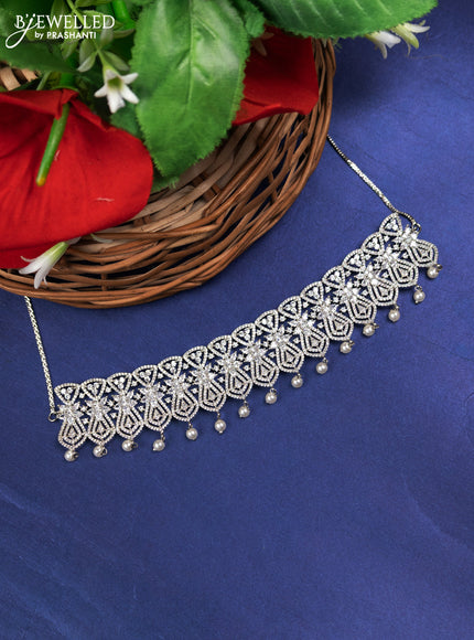Zircon choker floral design with cz stones and pearl hangings without earrings