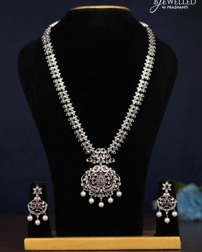 Zircon haaram floral design with kemp & cz stones and pearl hanging