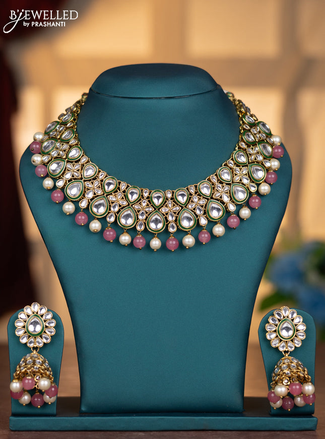 Kundan necklace baby pink beads and pearl hanging with jhumka earring