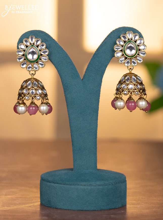 Kundan necklace baby pink beads and pearl hanging with jhumka earring