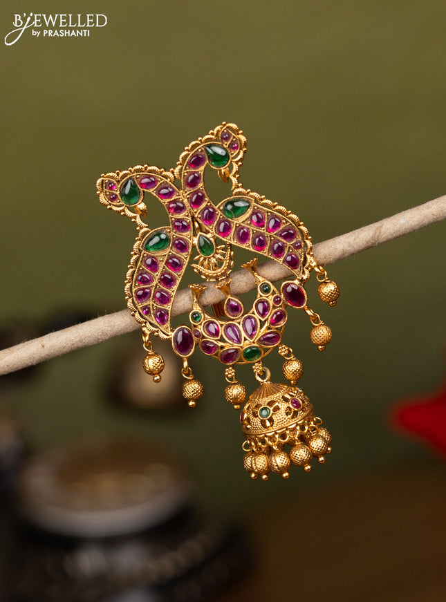 Antique jada billai peacock design with kemp stones and golden beads hanging
