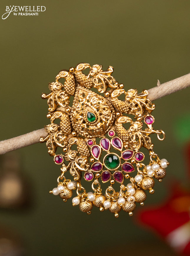 Antique jada billai peacock design with kemp stones and golden beads hanging