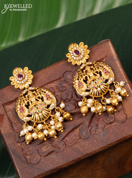 Antique earring lakshmi design with kemp & cz stones and pearl hangings