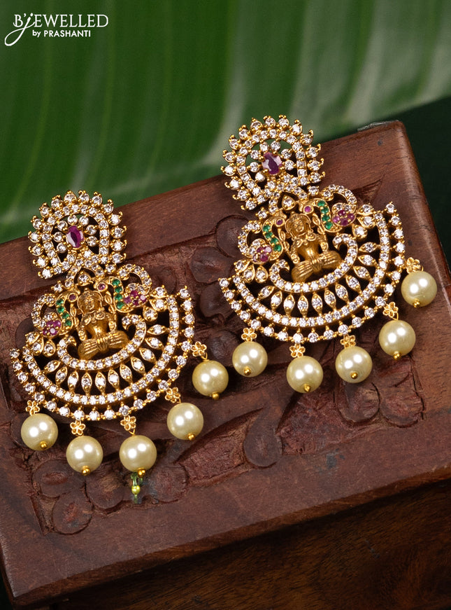 Antique earring lakshmi design with kemp & cz stones and pearl hangings