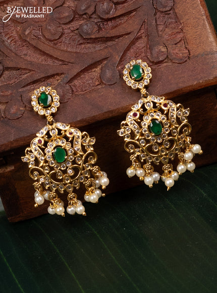 Antique earring peacock design with emerald & cz stones and pearl hangings
