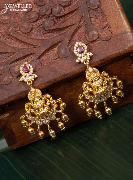 Antique earring lakshmi design with pink kemp & cz stones and golden beads hangings