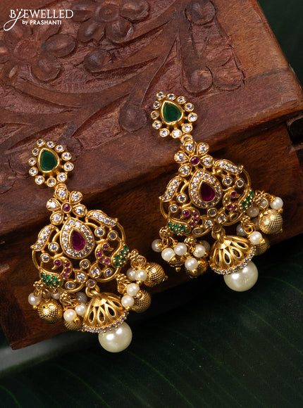 Antique earring peacock design with kemp & cz stones and pearl hangings