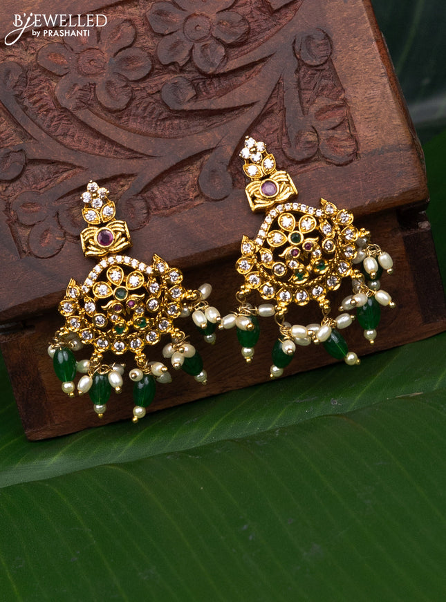 Antique earring peacock design with kemp & cz stones and green beads hangings