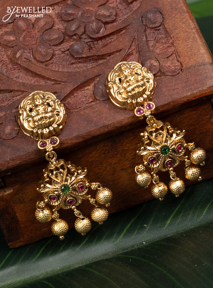 Antique earring lakshmi design with kemp stones and golden beads hangings