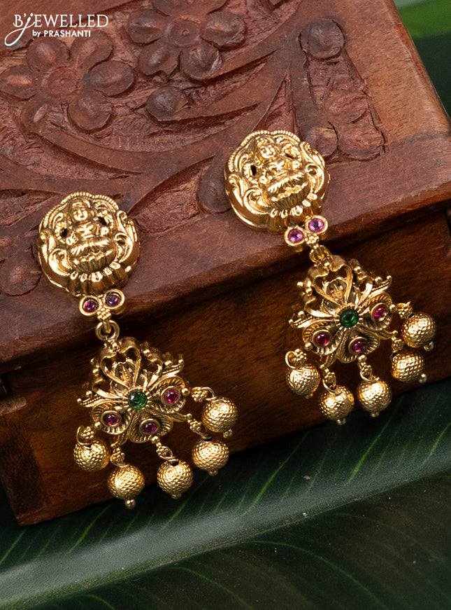 Antique earring lakshmi design with kemp stones and golden beads hangings