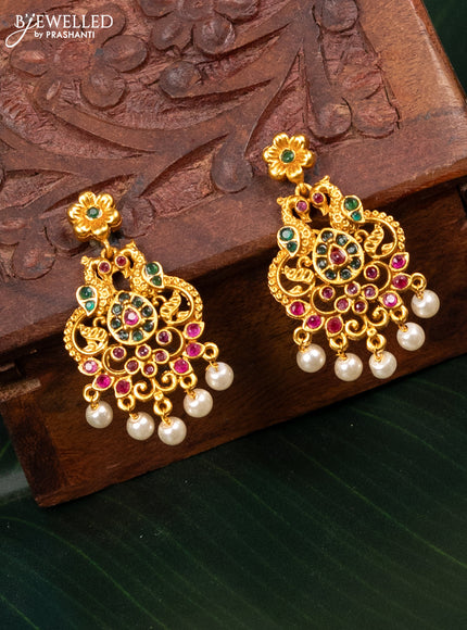 Antique earring peacock design with kemp stones and pearl hangings