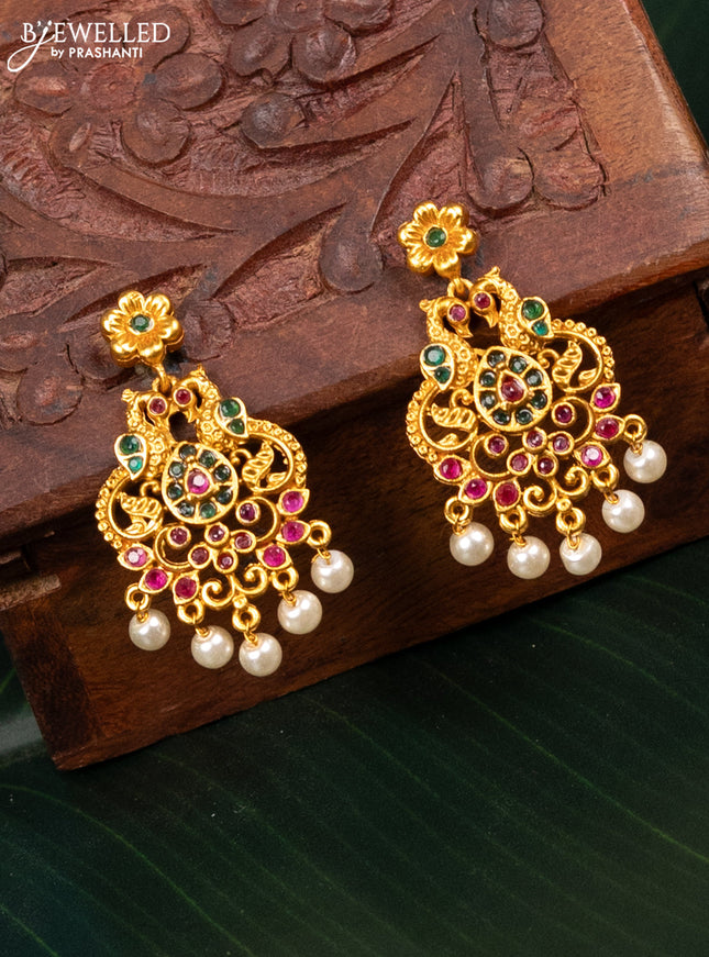 Antique earring peacock design with kemp stones and pearl hangings
