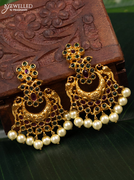 Antique earring peacock design with kemp stones and pearl hangings