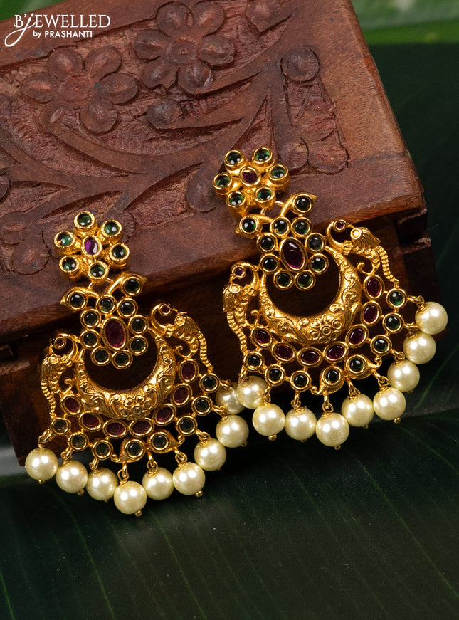 Antique earring peacock design with kemp stones and pearl hangings