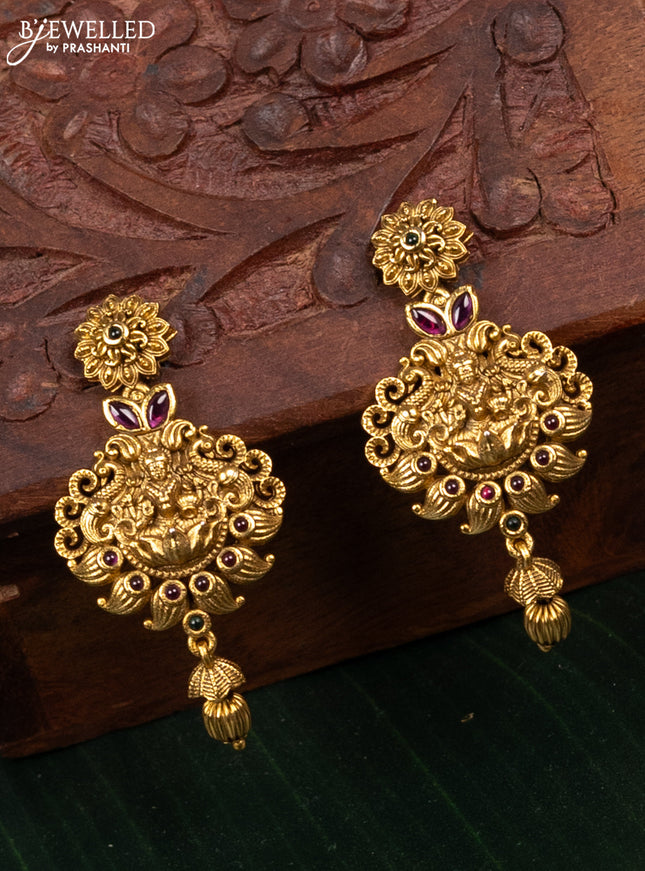 Antique earring lakshmi design with kemp stones and golden beads hangings