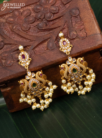 Antique earring peacock design with kemp & cz stones and pearl hangings
