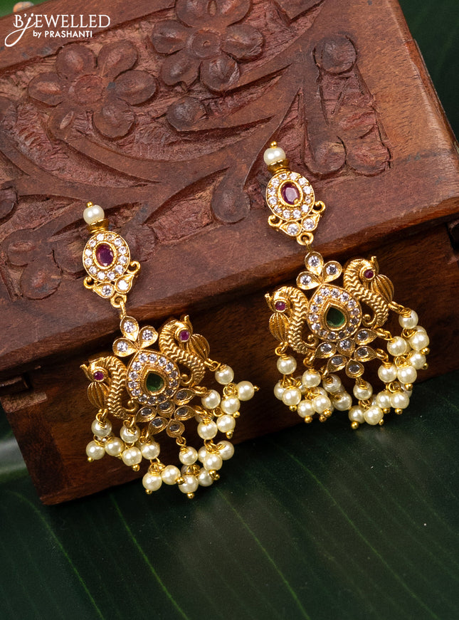 Antique earring peacock design with kemp & cz stones and pearl hangings