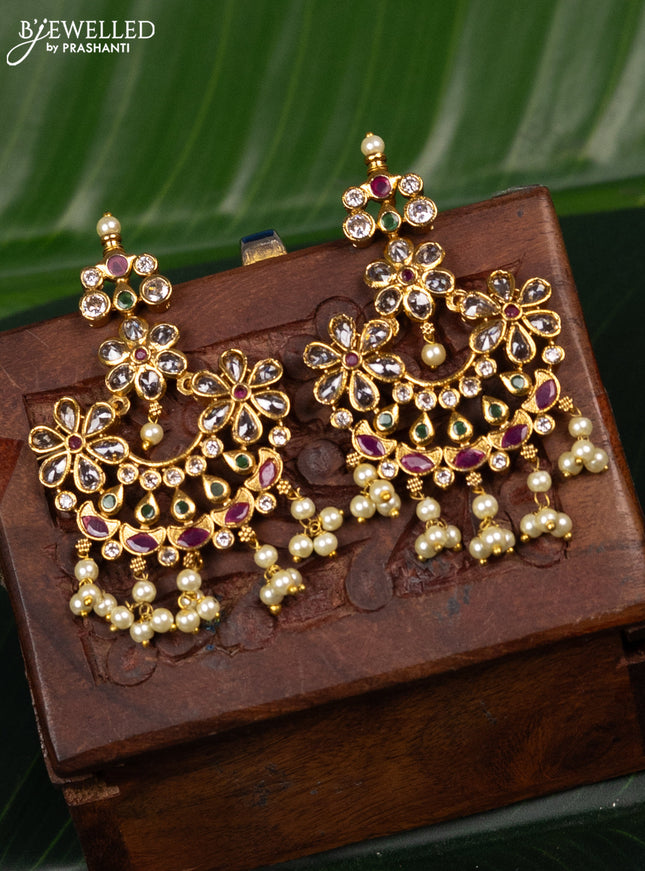 Antique earring floral design with kemp & cz stones and pearl hangings
