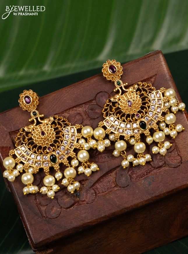Antique earring floral design with kemp & cz stones and pearl hangings