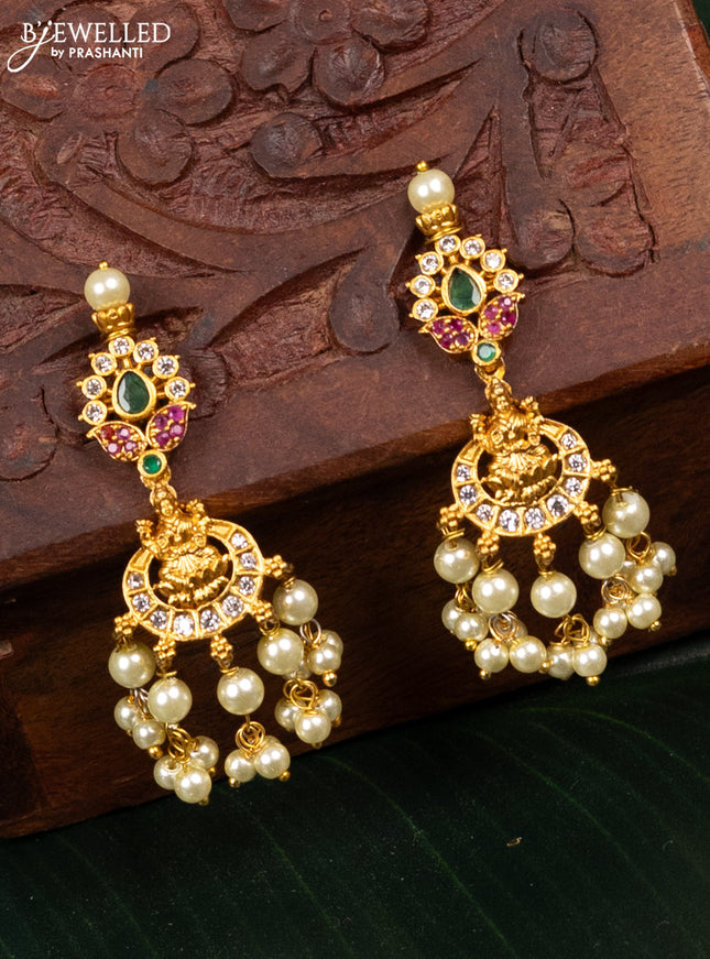 Antique earring lakshmi design with kemp & cz stones and pearl hangings