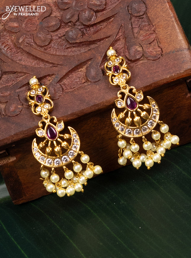 Antique earring chandbali design with pink kemp & cz stones and pearl hangings