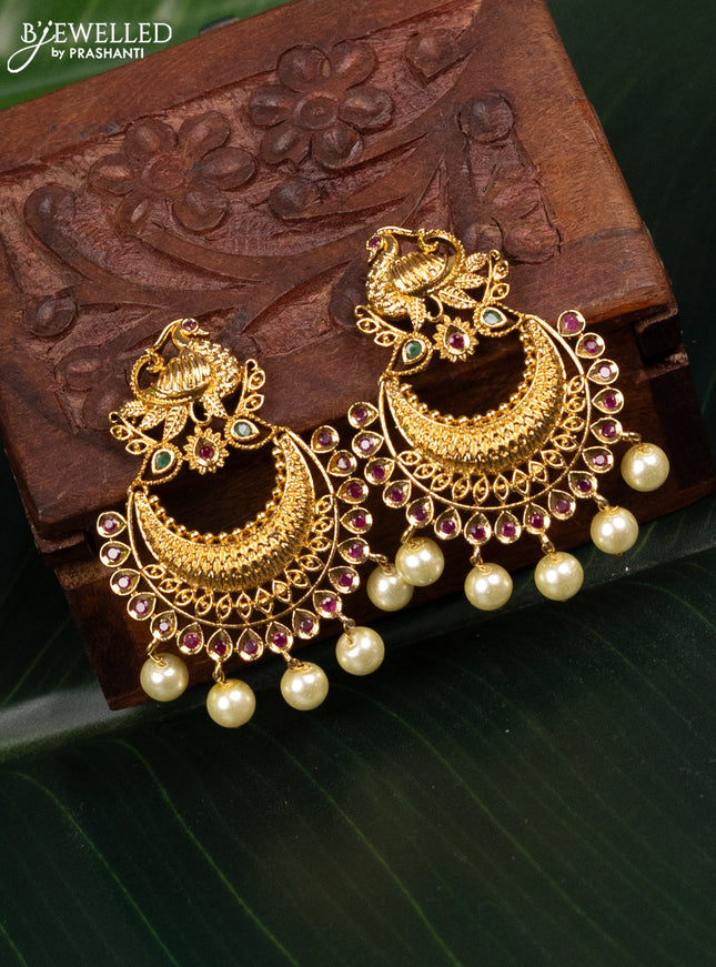 Antique earring peacock design with kemp stones and pearl hangings