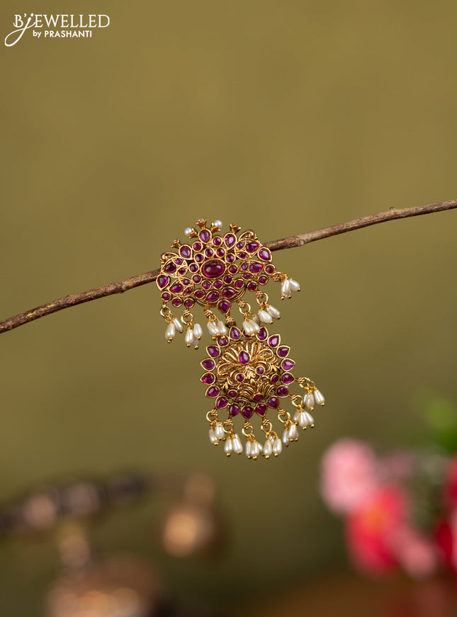 Antique jada billai with pink kemp stones and pearl hangings