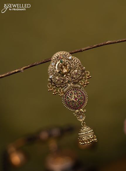 Antique jada billai peacock design with kemp stones and golden beads hanging