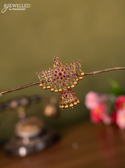 Antique jada billai peacock design with pink kemp stones and golden beads hanging