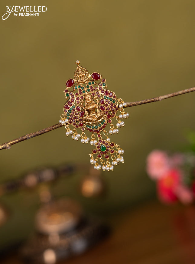 Antique jada billai lakshmi & peacock design with kemp stones and pearl hanging