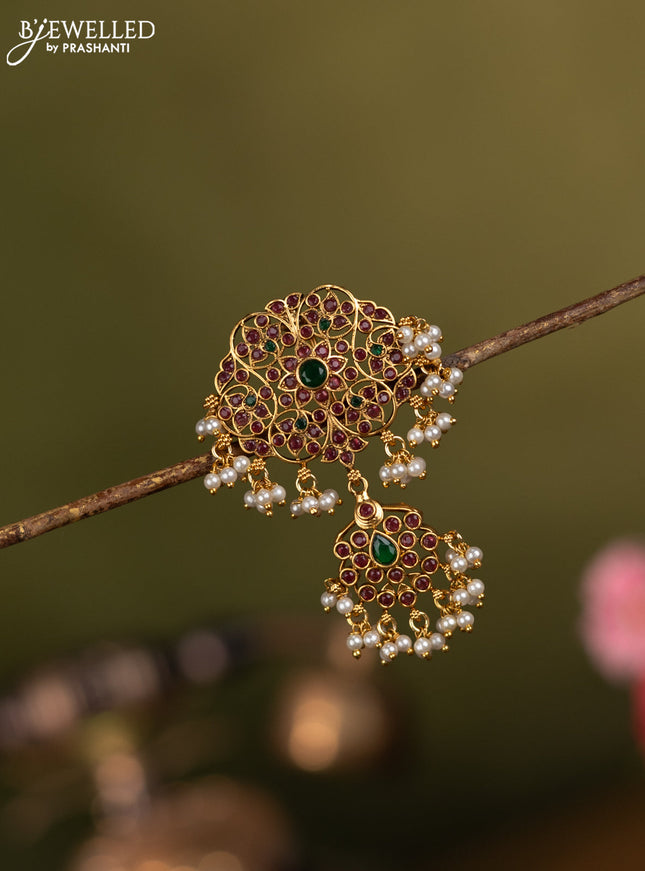 Antique jada billai floral design with kemp stones and pearl hangings