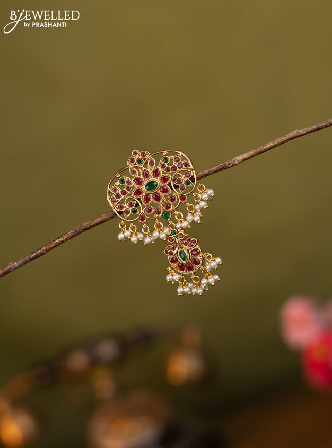 Antique jada billai peacock design with kemp stones and pearl hangings