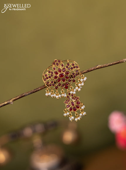 Antique jada billai peacock design with pink kemp stones and pearl hangings