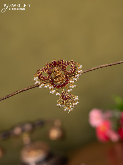 Antique jada billai lakshmi & peacock design with pink kemp stones and pearl hangings