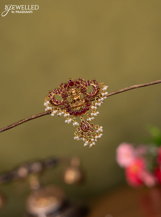 Antique jada billai lakshmi & peacock design with pink kemp stones and pearl hangings