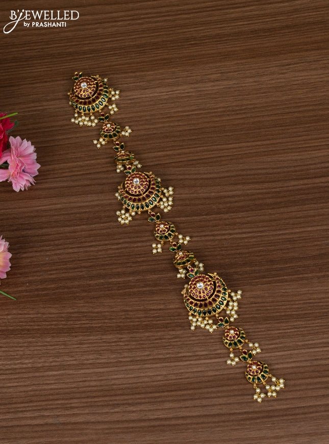 Antique jada billai chandbali style with kemp stones and pearl hangings