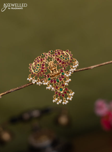 Antique jada billai lakshmi & peacock design with kemp stones and pearl hangings