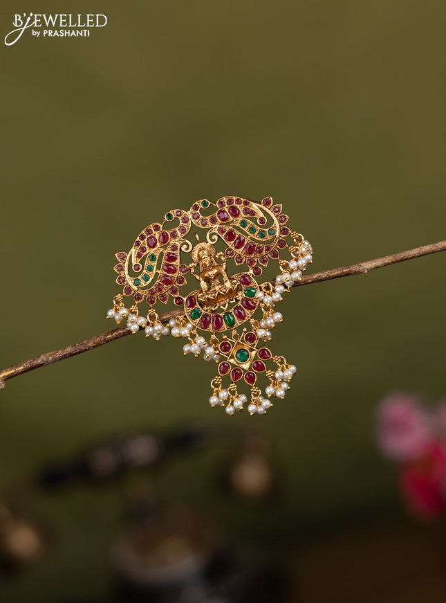 Antique jada billai lakshmi & peacock design with kemp stones and pearl hangings