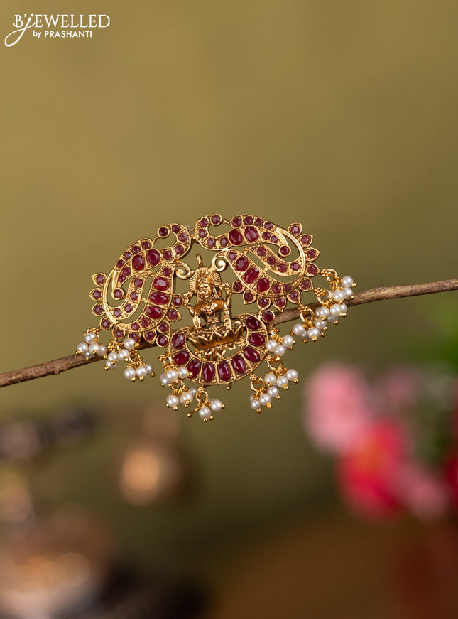 Antique jada billai lakshmi & peacock design with pink kemp stones and pearl hangings